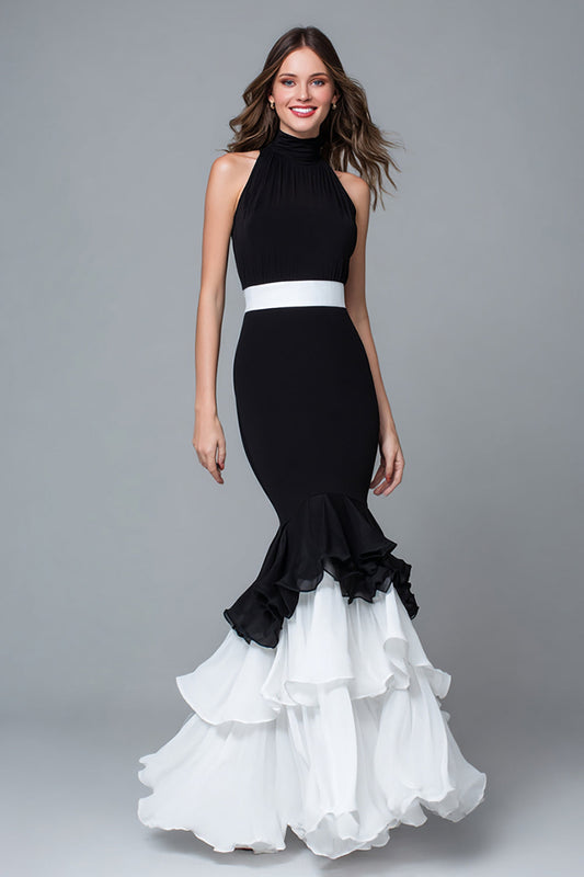 Robe de soirée longue sirène noir et blanc à col montant et volants