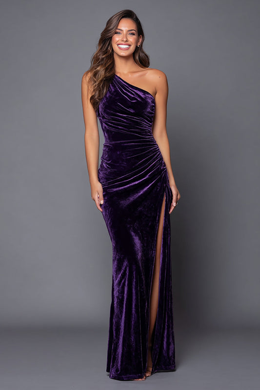 Robe de soirée longue sirène asymétrique velours fendue prune
