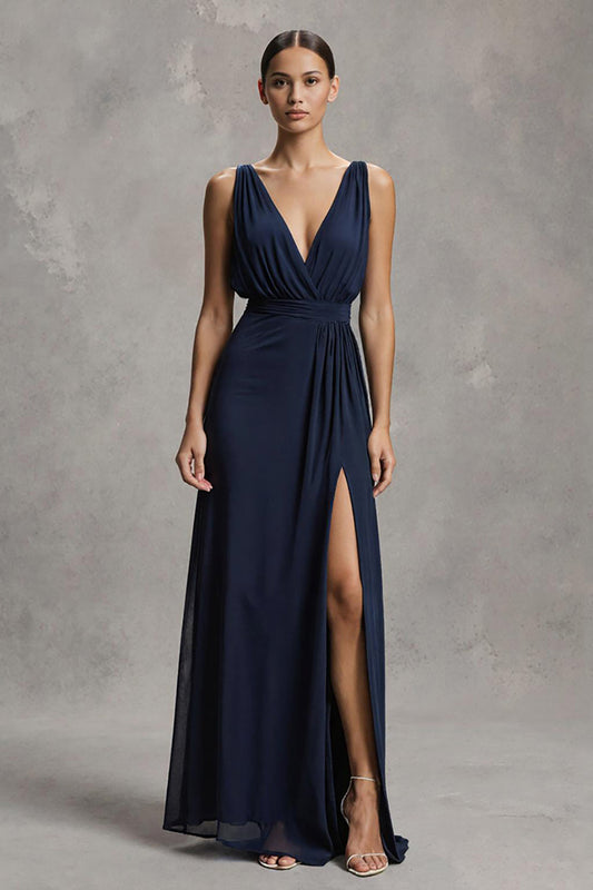 Robe de soirée longue trapèze bleu marine en mousseline avec col en V et fente
