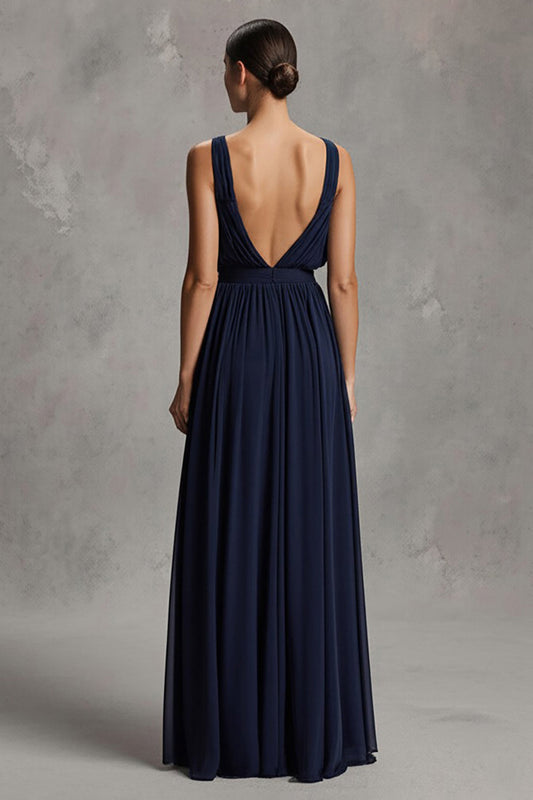 Robe de soirée longue trapèze bleu marine en mousseline avec col en V et fente