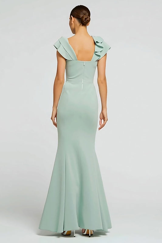 Robe de Soirée Longue Vert Menthe Sirène Crêpe Col Bateau avec Volants