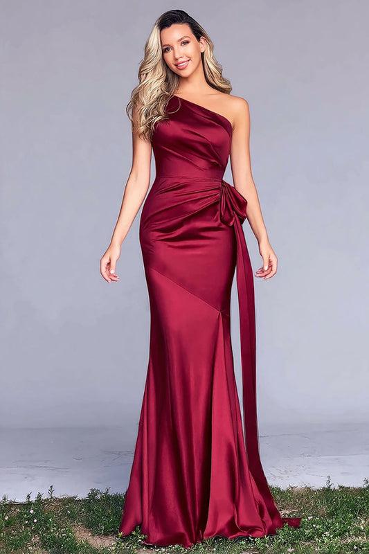 Burgundy One-Shoulder Mermaid Satin Long Formal Dress with Sash