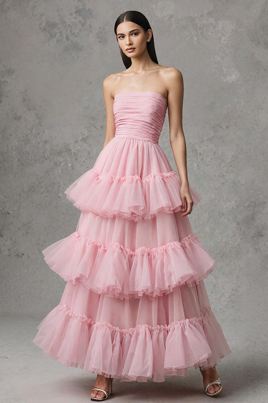 Robe de soirée longue trapèze sans bretelles en tulle rose avec volants