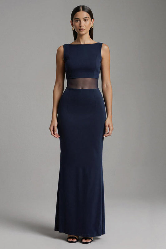 Robe de soirée longue sirène bleu marine à col bateau