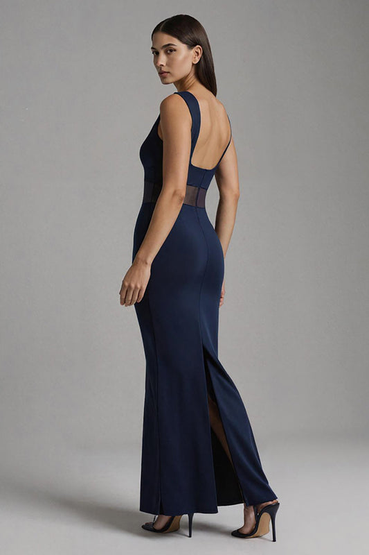 Robe de soirée longue sirène bleu marine à col bateau
