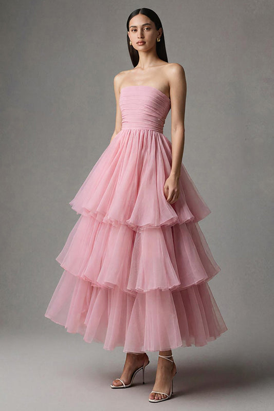 Robe de soirée longue rose sans bretelles trapèze à volants et étages