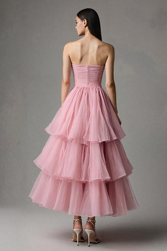 Robe de soirée longue rose sans bretelles trapèze à volants et étages