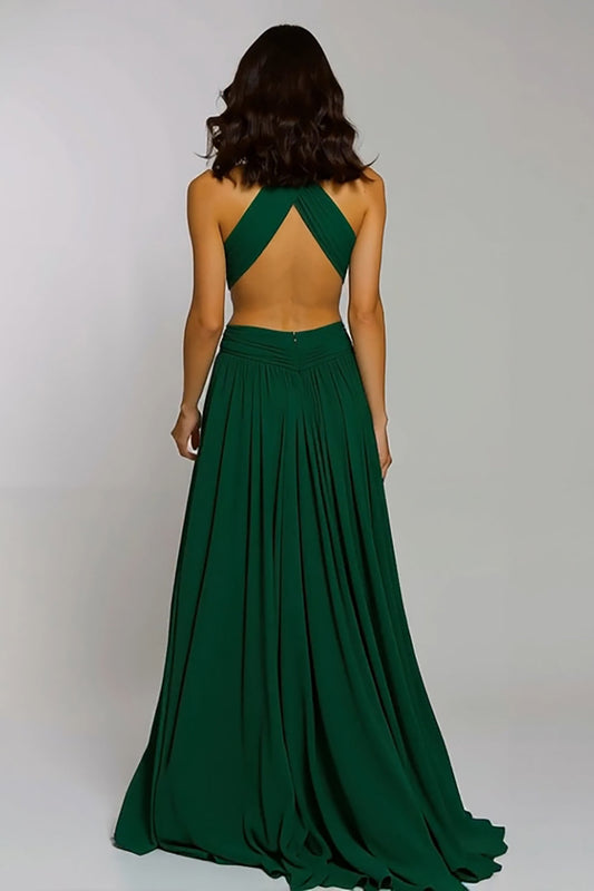 Robe longue de soirée vert foncé licou ligne A dos nu