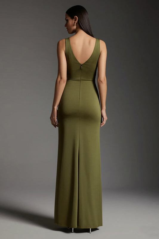 Robe longue de cérémonie fendue vert olive à col en V