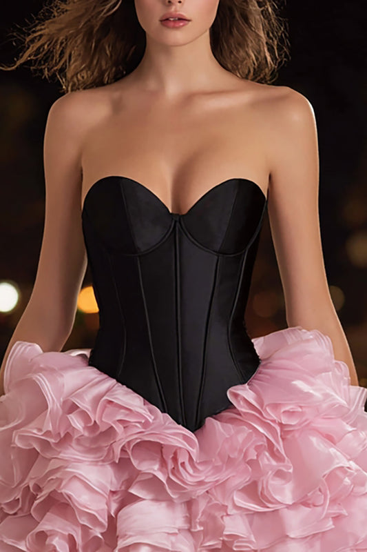 Robe de cocktail corset courte noire et rose avec volants et coupe trapèze