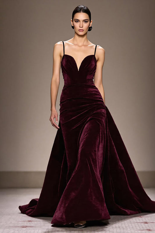 Burgundy Velvet A-Line Spaghetti Strap Long Evening Dress