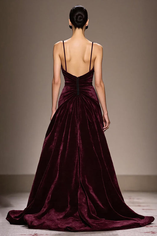 Burgundy Velvet A-Line Spaghetti Strap Long Evening Dress
