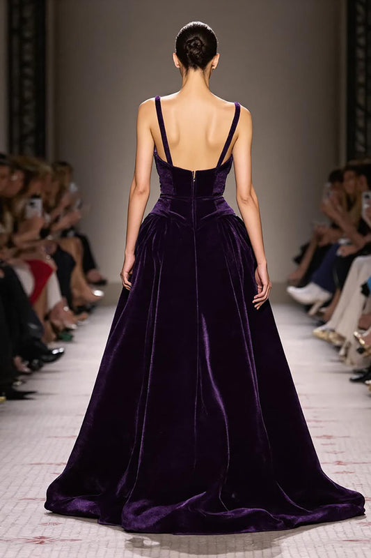 Dark Purple Velvet A Line Deep V-Neck Long Evening Dress