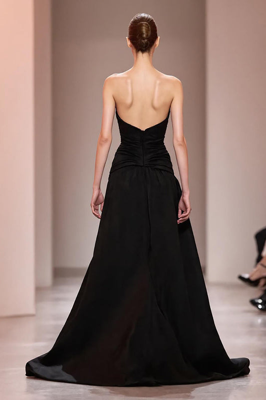 Black A Line Satin Beaded Sweetheart Evening Dress With Slit