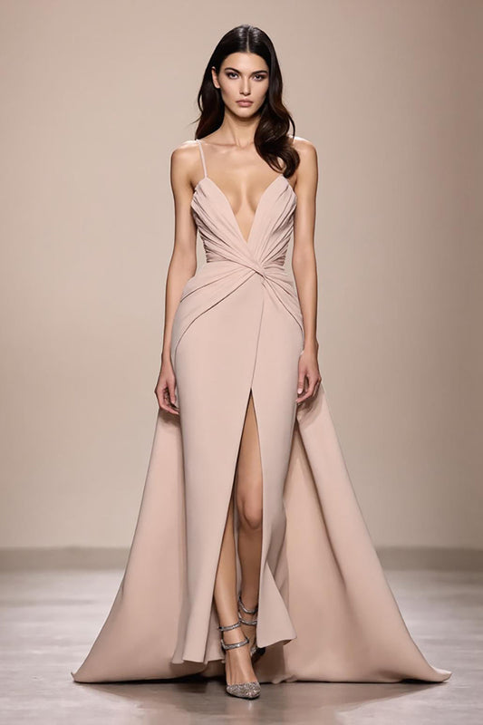 Robe de soirée satinée champagne ligne A drapée avec fente