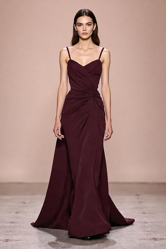Robe de soirée longue fourreau ruchée à fines bretelles rouge foncé