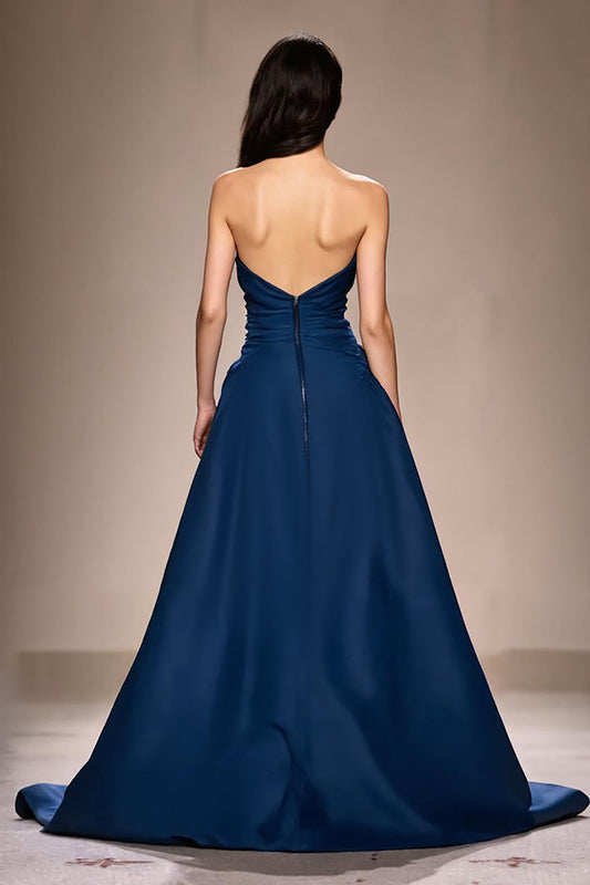 Dark Blue Strapless A-Line Ruched Long Evening Dress with Slit