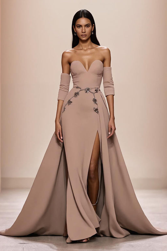 Robe de soirée fendue Champagne Sweetheart avec appliques