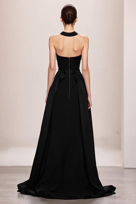 Velvet Black A-Line Halter Long Evening Dress