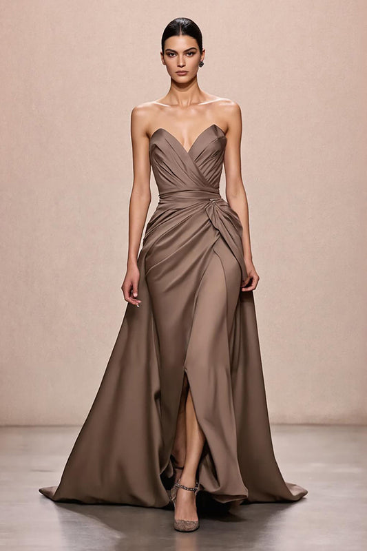 Coffee Satin A-Line Ruched Strapless Long Evening Dress