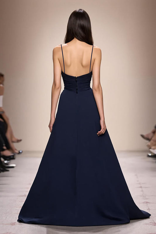 Dark Blue A-Line Ruched Spaghetti Straps Long Evening Dress
