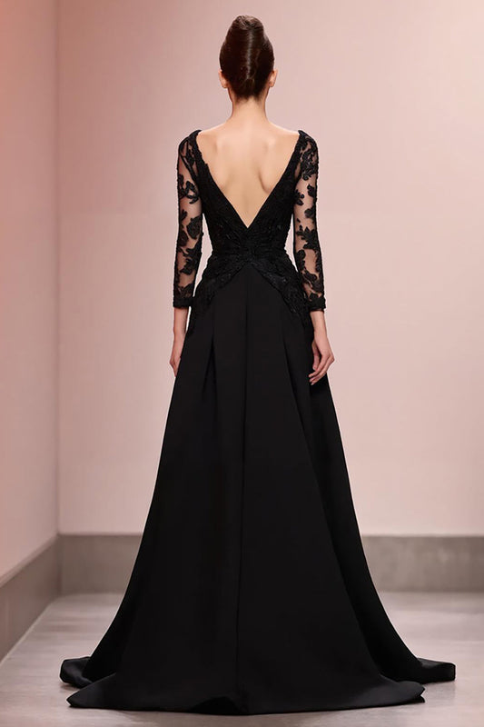 Robe de soirée longue trapèze noire appliquée avec dentelle