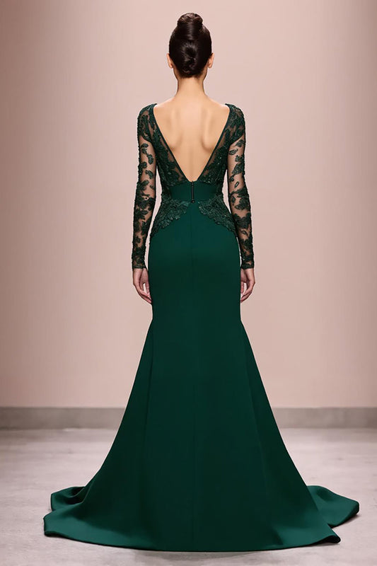 Robe de soirée longue sirène vert foncé en dentelle avec manches et appliques