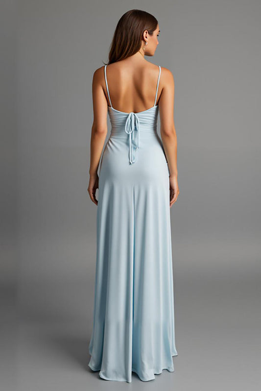 Sky Blue Spaghetti Straps Satin Sheath Evening Dress