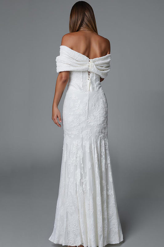 Ivory Mermaid Off The Shoulder Evening Dress With Lace