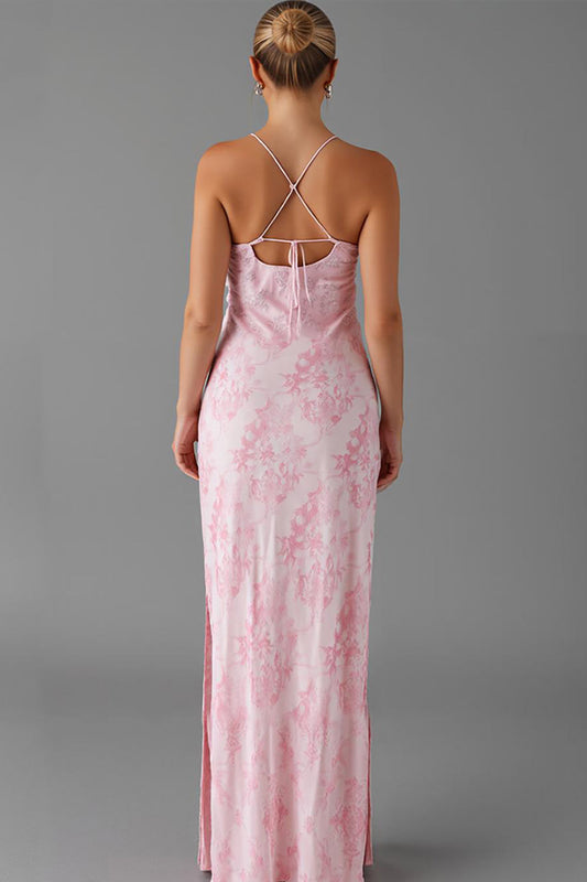 Robe de soirée fourreau à bretelles fines rose clair imprimée avec fente