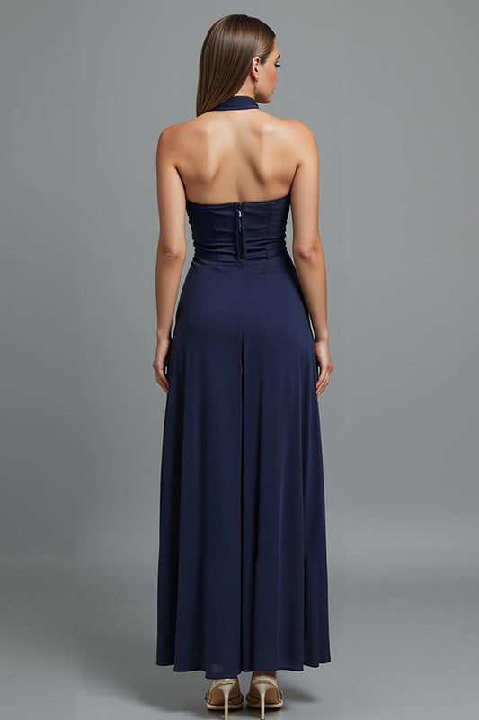 Robe de soirée fourreau bleu foncé bustier avec fente