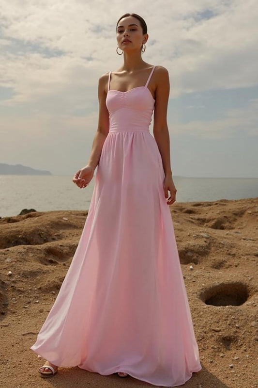 Robe de soirée longue rose coupe trapèze à fines bretelles