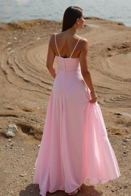 Robe de soirée longue rose coupe trapèze à fines bretelles