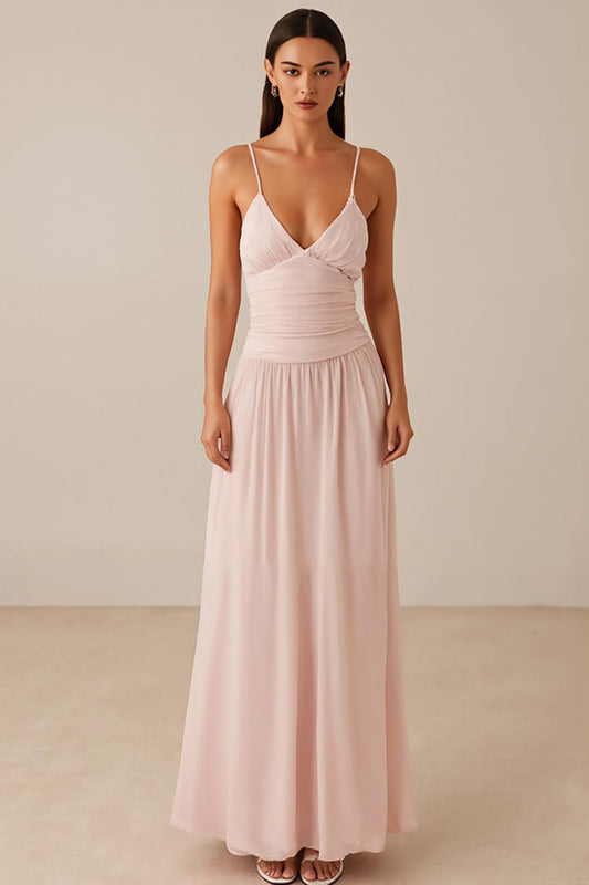 Robe de Soirée Trapèze en Mousseline à Bretelles Fines Rose