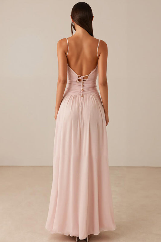 Robe de Soirée Trapèze en Mousseline à Bretelles Fines Rose