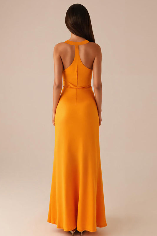 Robe de soirée longue jaune sans manches à col rond