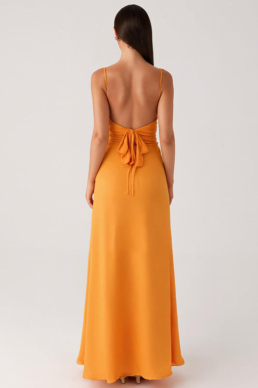 Robe de soirée jaune en mousseline à fines bretelles