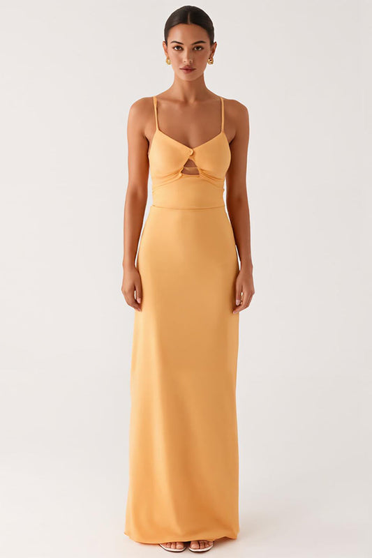 Robe de soirée fourreau jaune clair découpée à fines bretelles