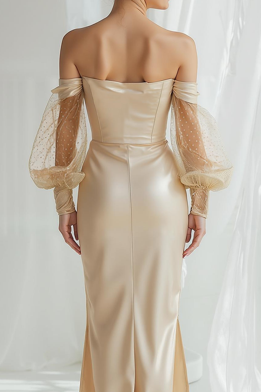 Champagne Satin Off The Shoulder Sheath Long Bridesmaid Dress with Sleeves