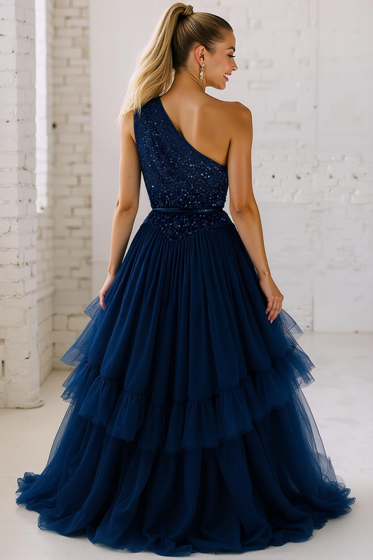 Robe longue de soirée à paillettes bleu marine à une épaule, avec volants et coupe trapèze