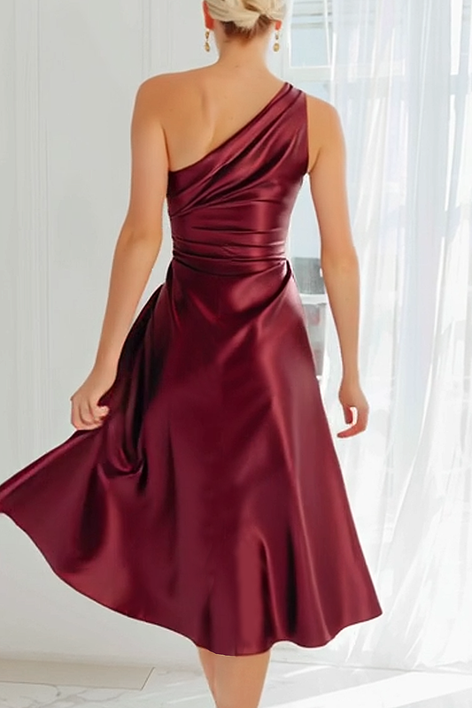 Cabernet A-Line Satin One-Shoulder Ruched Midi Bridesmaid Dress