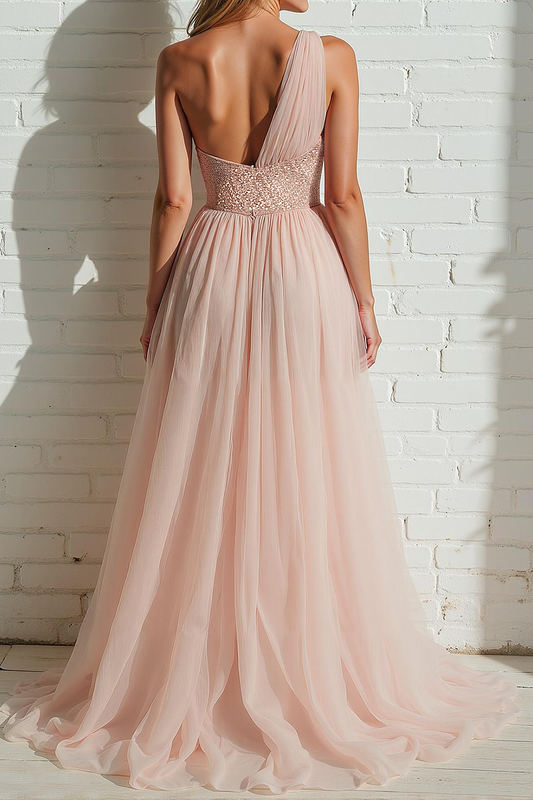 Robe de bal ligne A asymétrique à paillettes rose clair