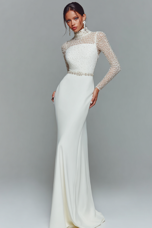 Robe de soirée élégante sirène en mousseline blanche, col montant et manches longues
