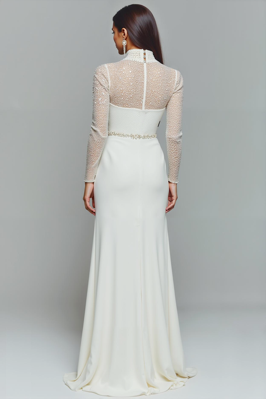 Robe de soirée élégante sirène en mousseline blanche, col montant et manches longues