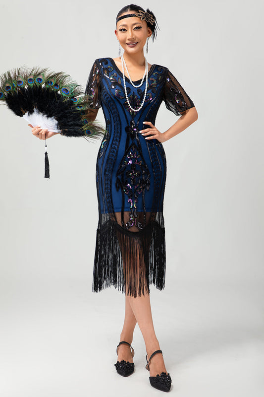 Robe Charleston Gatsby Noire Dorée à Franges Découpe Dos-nu avec Ensemble de 5 Accessoires