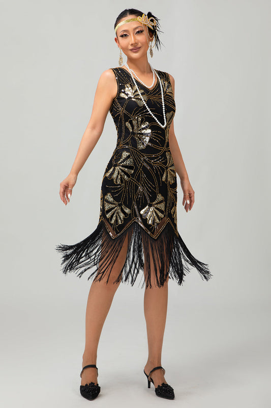 Robe Charleston noire scintillante à franges dorées
