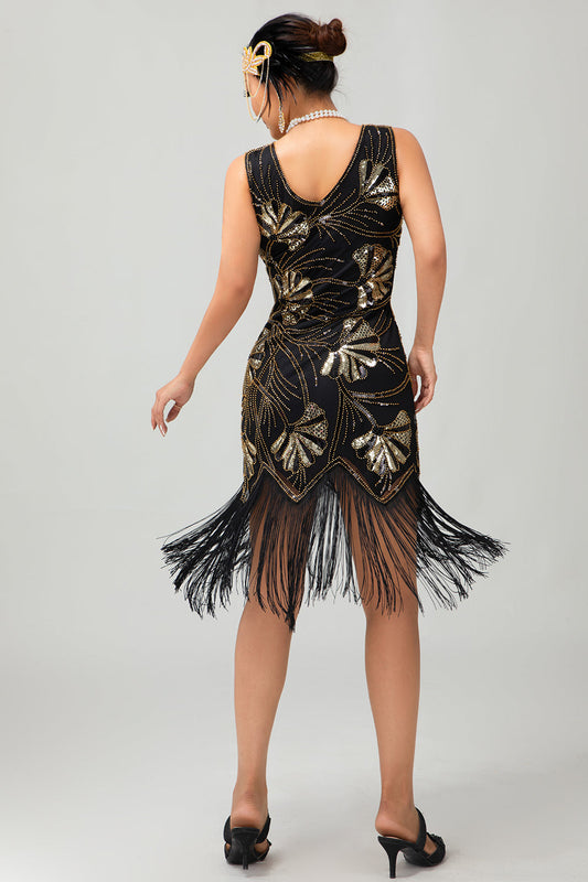 Robe Charleston noire scintillante à franges dorées