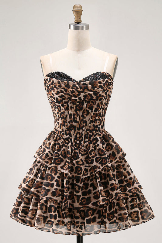 Robe cocktail à volants étagés et corset cœur, coupe trapèze, imprimé léopard marron