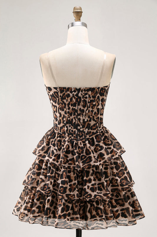 Robe cocktail à volants étagés et corset cœur, coupe trapèze, imprimé léopard marron