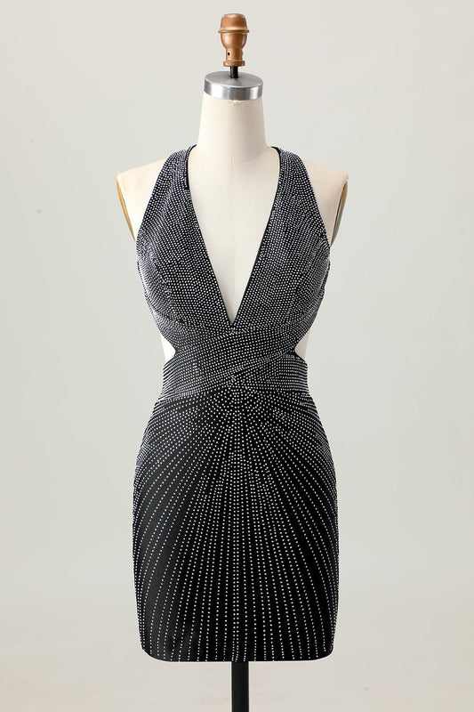 Black Bodycon V-Neck Beaded Cocktail Dress